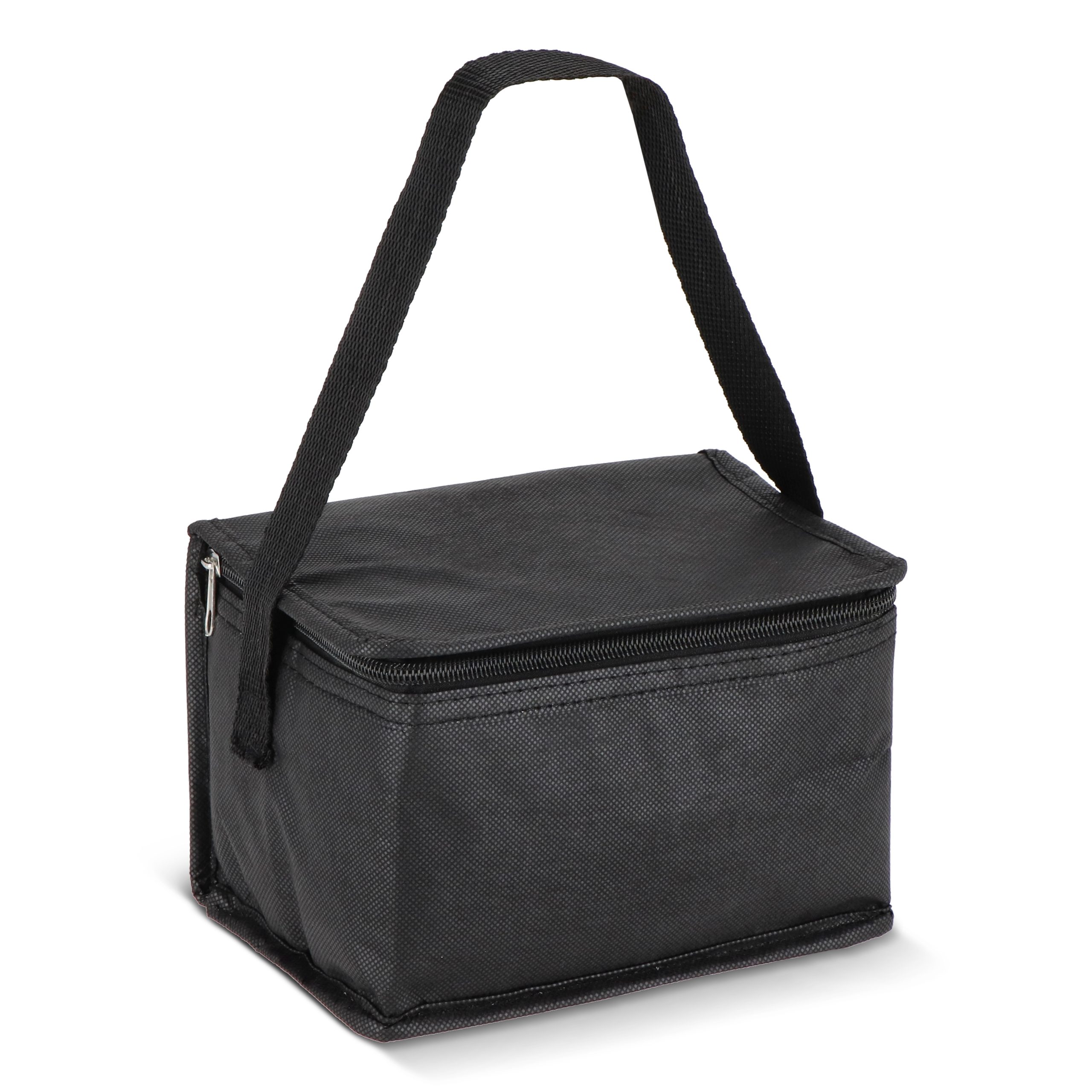 Zwarte R-PET koeltas non-woven, voor 6 blikjes