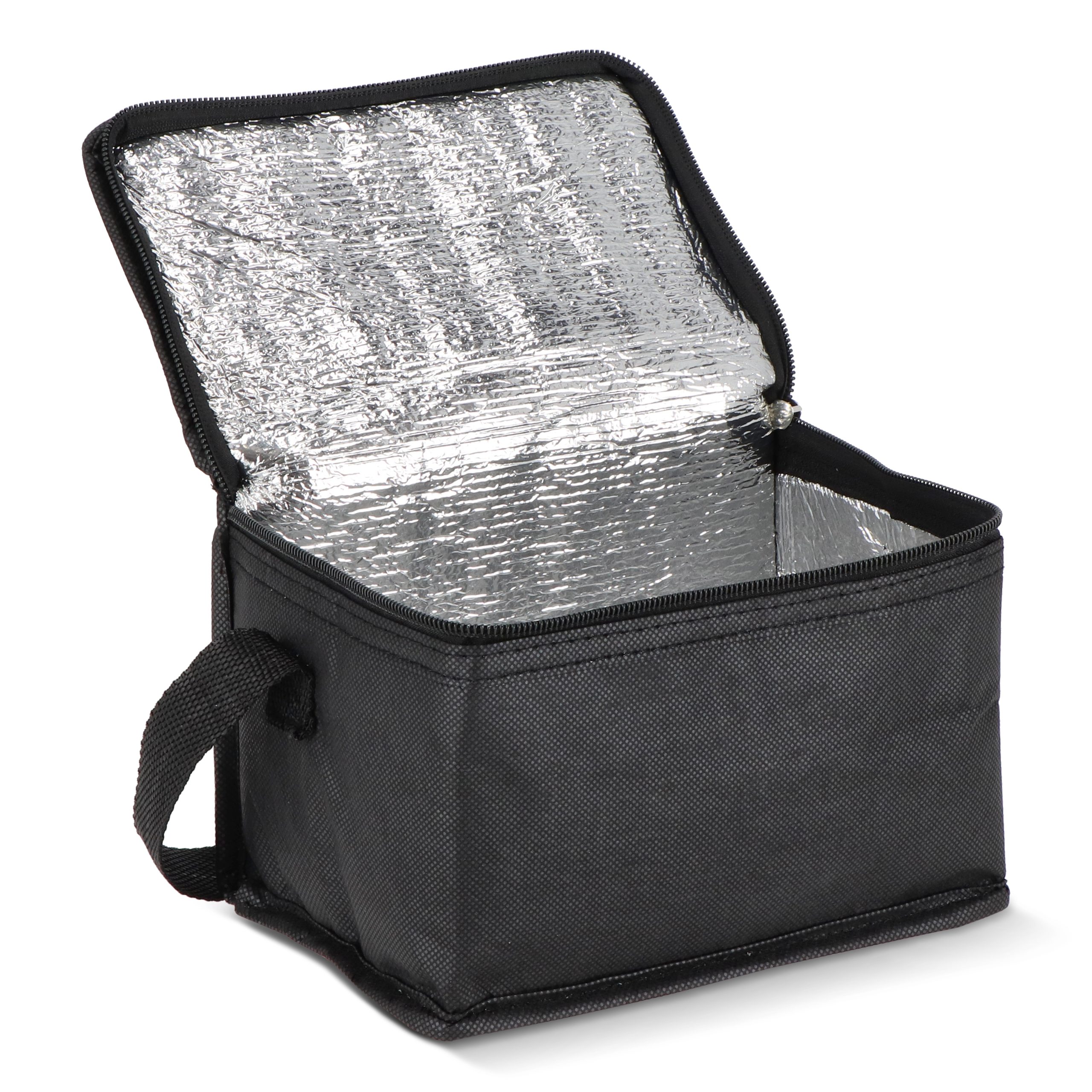 Zwarte R-PET koeltas non-woven, voor 6 blikjes