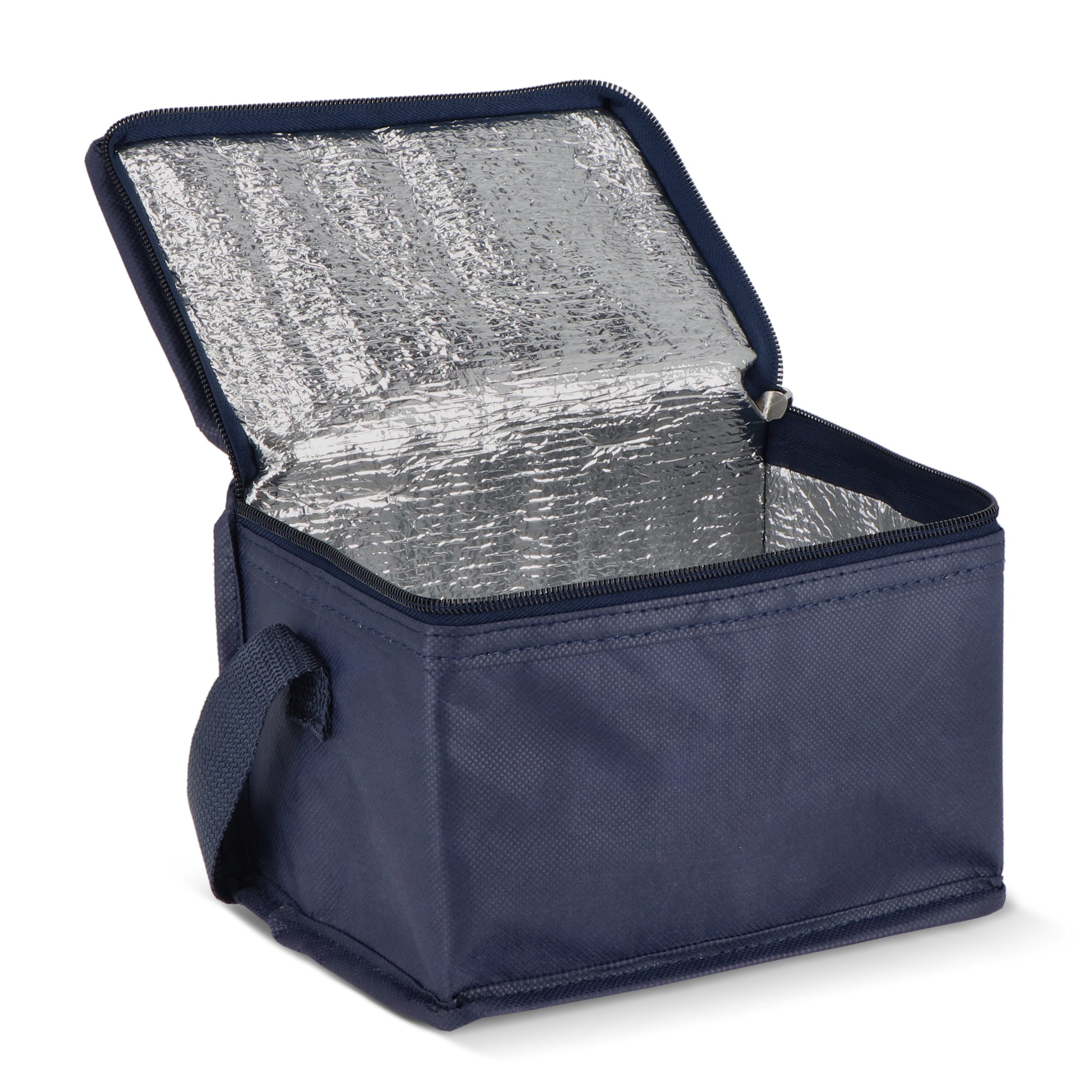 Donkerblauwe R-PET koeltas non-woven, voor 6 blikjes