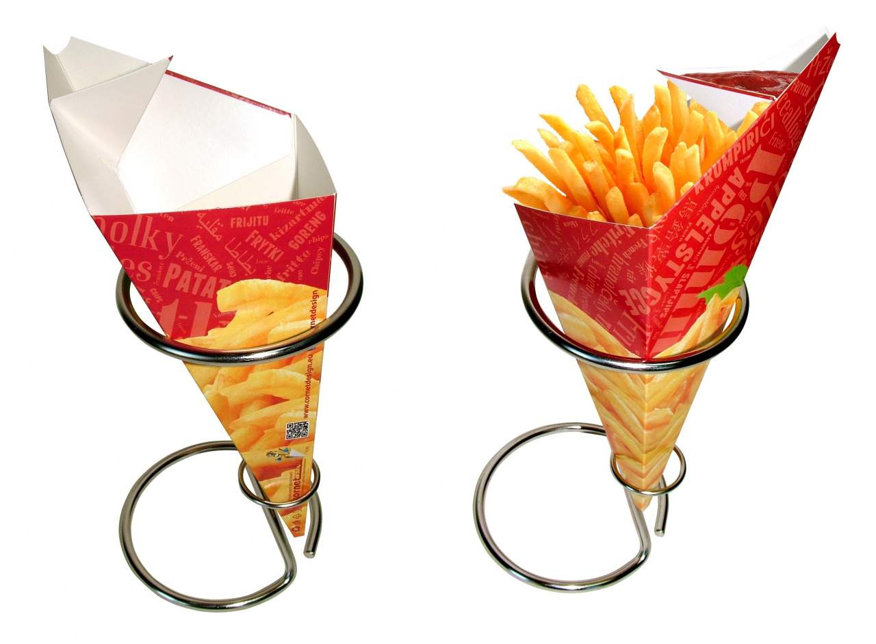 Papieren frietzakje met sausbakje bedrukken Papieren frietzakje met sausbakje bedrukken