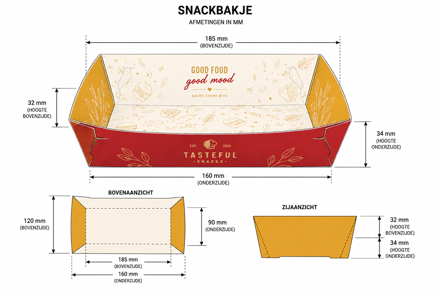 Snackbakje Bedrukken 185 × 120 mm